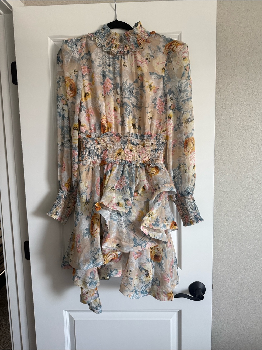 Elliatt Floral Ruffled Tiered Long-Sleeve Dress in Beige, Yellow, Blue